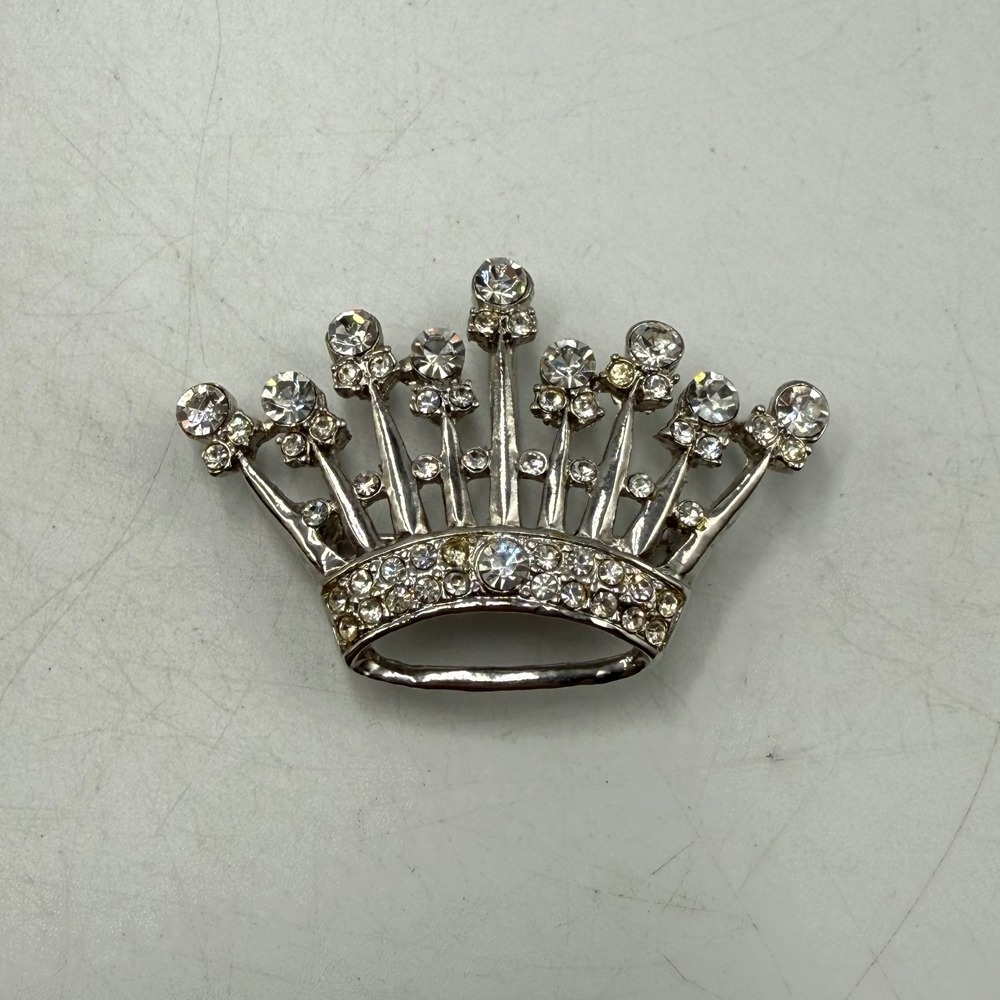 Vintage Silver Tone Rhinestone Tiara Crown Brooch Pin Royal Costume Jewelry